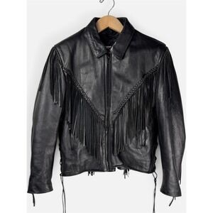 Vintage 80s Wild Ride Black Leather Fringe Western Side lace Motorcycle Jacket L
